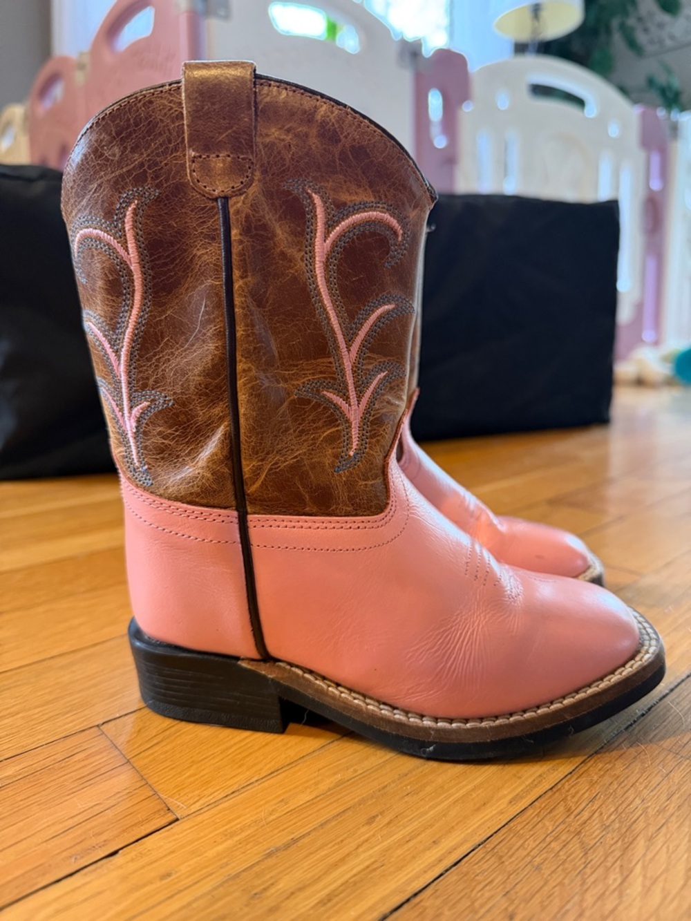 Kids Pink and Brown Leather Western Cowboy Boots